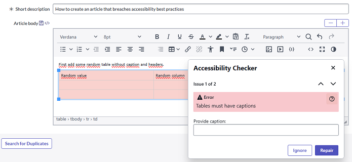 Accessibility Checker in HTML Editor